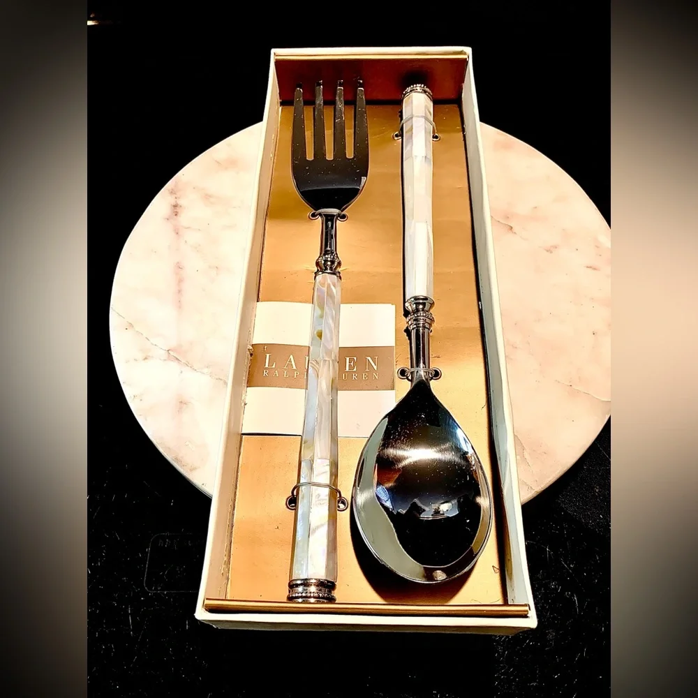 RALPH LAUREN PEARL SALAD SERVERS SET NEW STAINLESS STEEL FORK SPOON